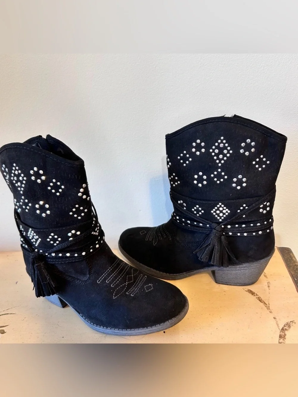 Justice Black Suede Silver Stud Boho Western Cowgirl Boots